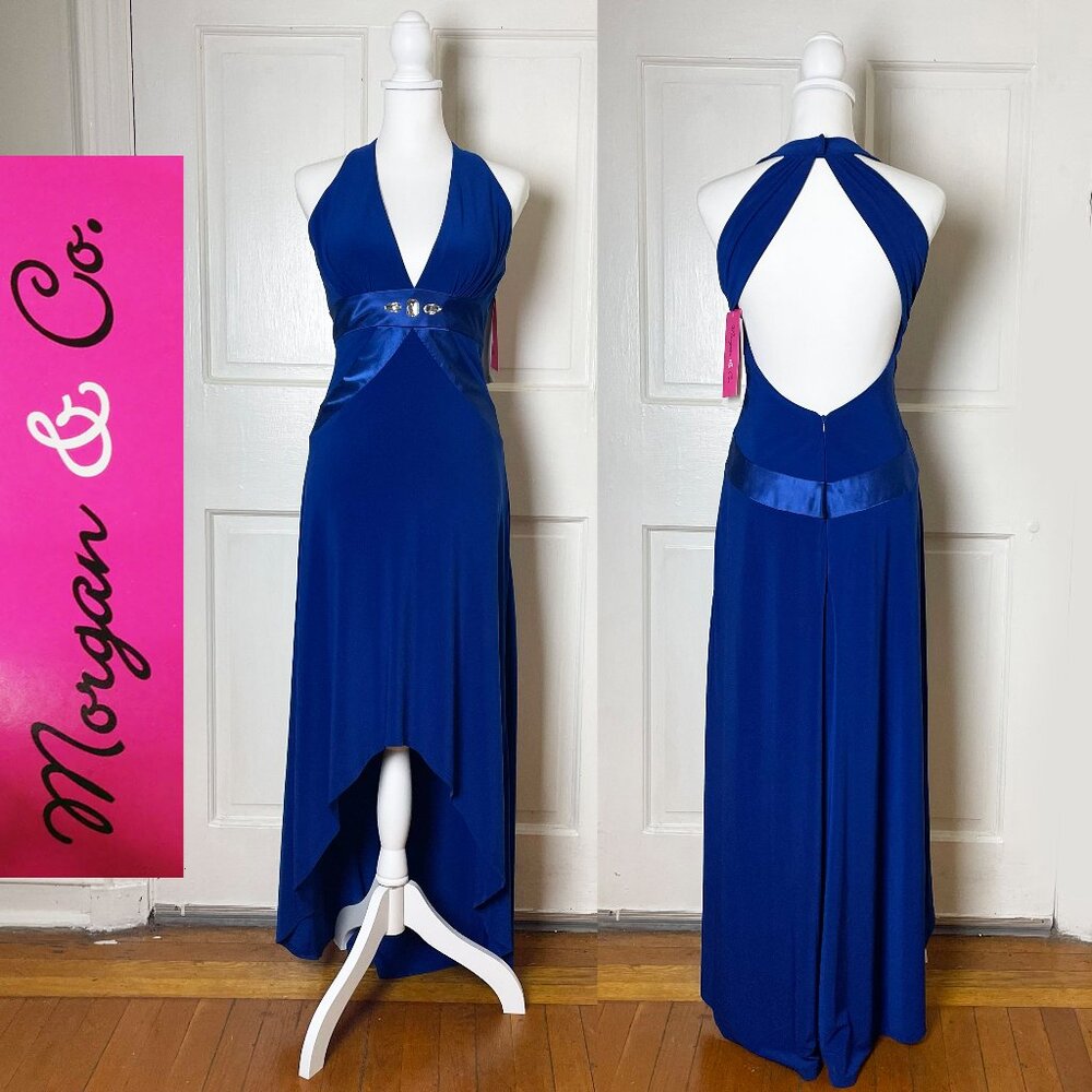 Morgan & Co Royal Blue High-Low Party Dress | Rhinestone Details | Sexy Back | S